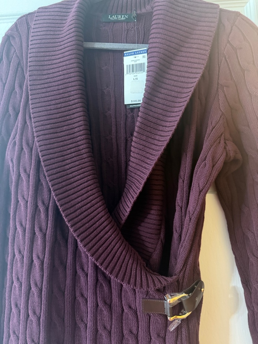 Ralph Lauren Cable Knit Shawl Collar Sweater in Deep Plum- like wine - Picture 7 of 8